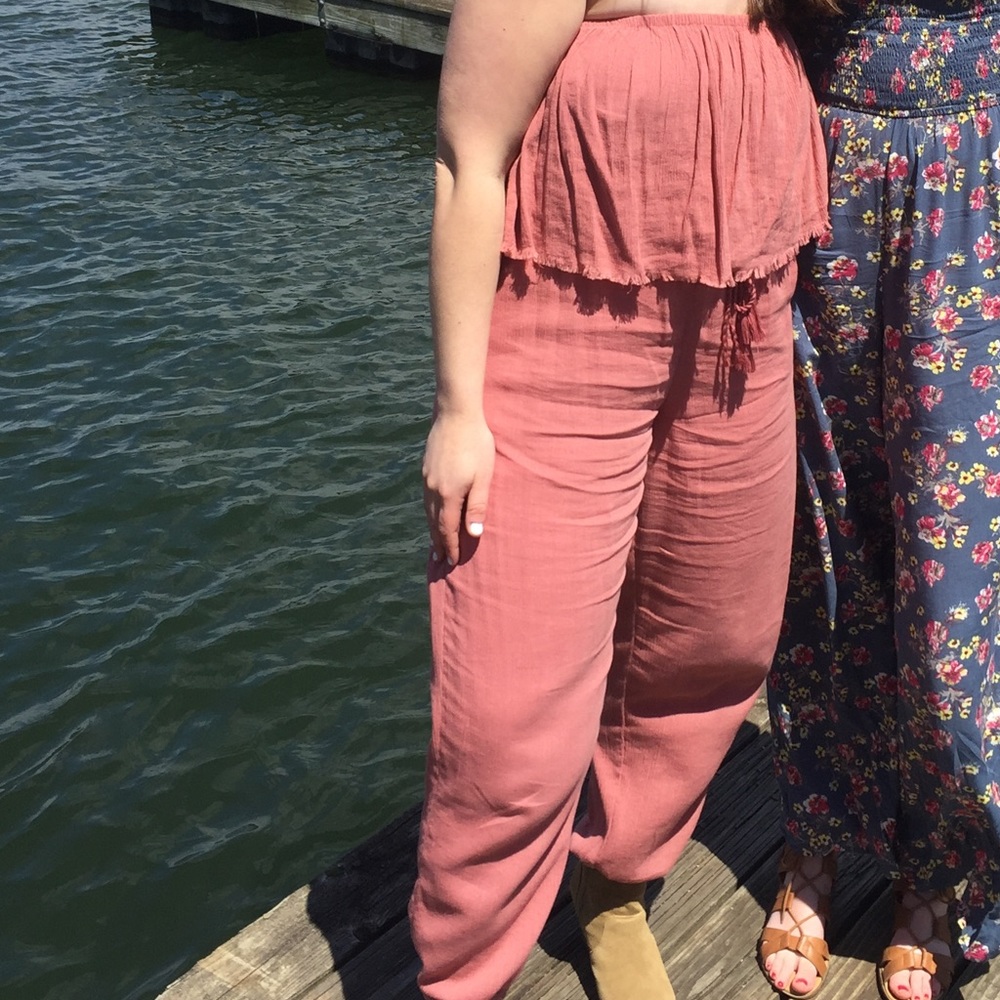 Blush pink strapless jumpsuit